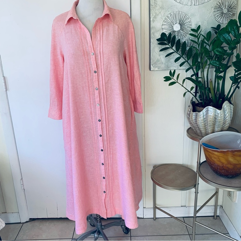 NWT Calypso linen blend pink midi front buttons dress size L
